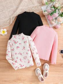 Young Girl 3pcs/Set  Cute Solid Color & Floral Pattern Knitted Print Lettuce Trim Versatile Tee,Great For Casual & Daily Wear & School Daily In  Autumn &  Winter - Multicolor - View 2
