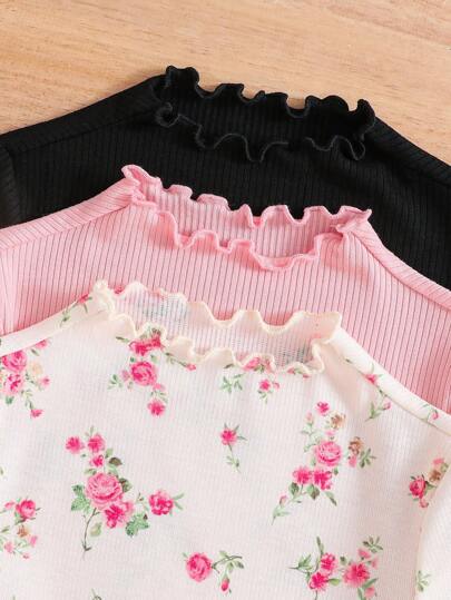 Niña joven Conjunto de 3 piezas Top versátil con estampado de punto de unicolor y floral, con volantes, adecuado para uso casual, diario y escolar en otoño e invierno