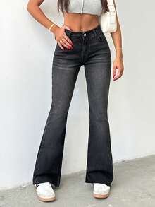 Cottnline 98% 纯棉低腰开衩喇叭腿牛仔裤 - 灰色 - 查看 5