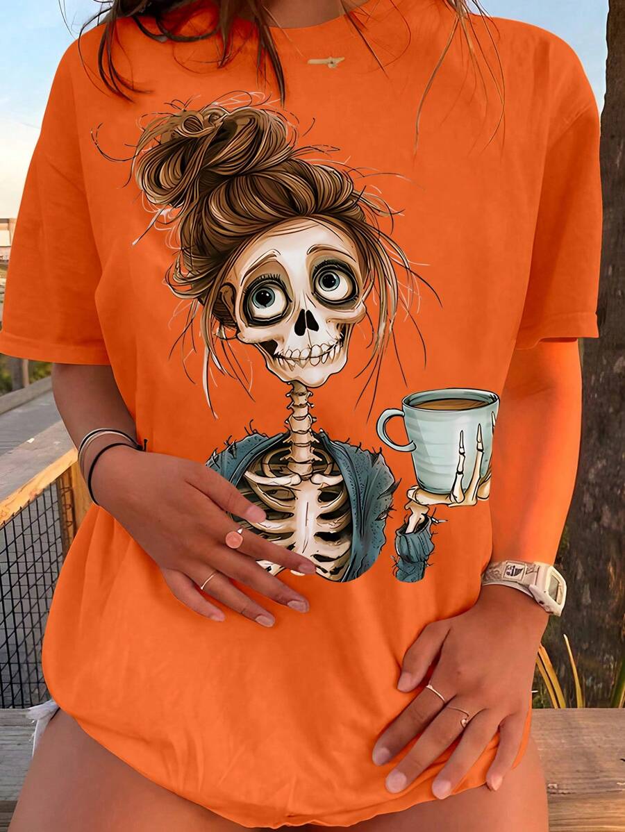 INAWLY Women's Crew Neck Short Sleeve Simple Skull Print T-Shirt, Casual Daily Wear Graphic Tees Women Tops - Orange - View 1
