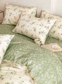 3 件套 Ditsy 花卉床上用品套装，绿色和米色配色的茶道图案，舒适的印花羽绒被套和枕套套装，适合单人床/双人床/大号床/特大号床