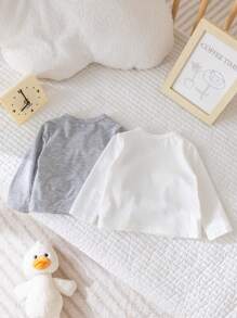 SHEIN Bộ 2 áo thun dài tay màu trơn đơn giản cho bé trai/bé gái sơ sinh màu xám và trắng, mùa thu/đông - Nhiều màu - Xem 2