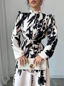 Selianne 女士花卉印花腰部收腰连衣裙长款女装 - 杏色 - 查看 3