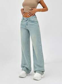 EURMUSE 100% Cotton HIGH RISE WIDELEG CUT ASYMMETRIC BELT WOMEN JEAN - Light Wash - View 7