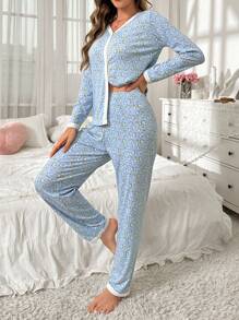 CottageSlumber Color Block V-Neck Ditsy Floral Button Front Long Sleeve Top And Pants Set, Fall Clothes - Baby Blue - View 3