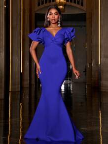 Faeriesty Twist Front Ruffle Sleeve Mermaid Formal Dress, Elegant Evening Gown, Suitable For Wedding Guests, Graduation Ceremonies, Galas And Other Formal Occasions - Royal Blue - View 4
