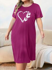 Plus Size Women Heart Print Round Neck Short Sleeve Nightgown, Moo Moo Night Dress - Hot Pink - View 3