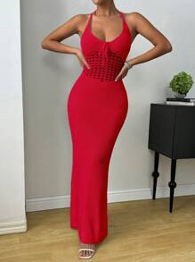 Chiquease Đầm nơ eo màu trơn cho nữ - Đỏ - Xem 5