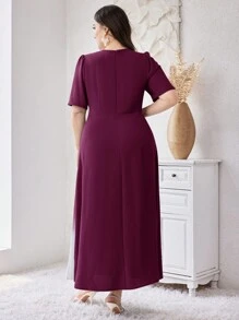 Modelyn 大码 V 领短袖褶皱渐变色连衣裙，休闲度假长款晚礼服 - 中紫紅色 - 查看 3