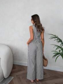 SHEIN LUNE 2pcs Striped Blazer Vest And Pants Set For Women - Black - View 2