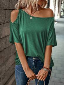 SHEIN LUNE Open Shoulder Short Sleeve Solid Color Casual T-Shirt - Green - View 4