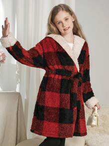 SHEIN Meisjes Casual Warm 2024 Kerstmis & Nieuwjaar Plaid Fleece Capuchonjack voor Tween