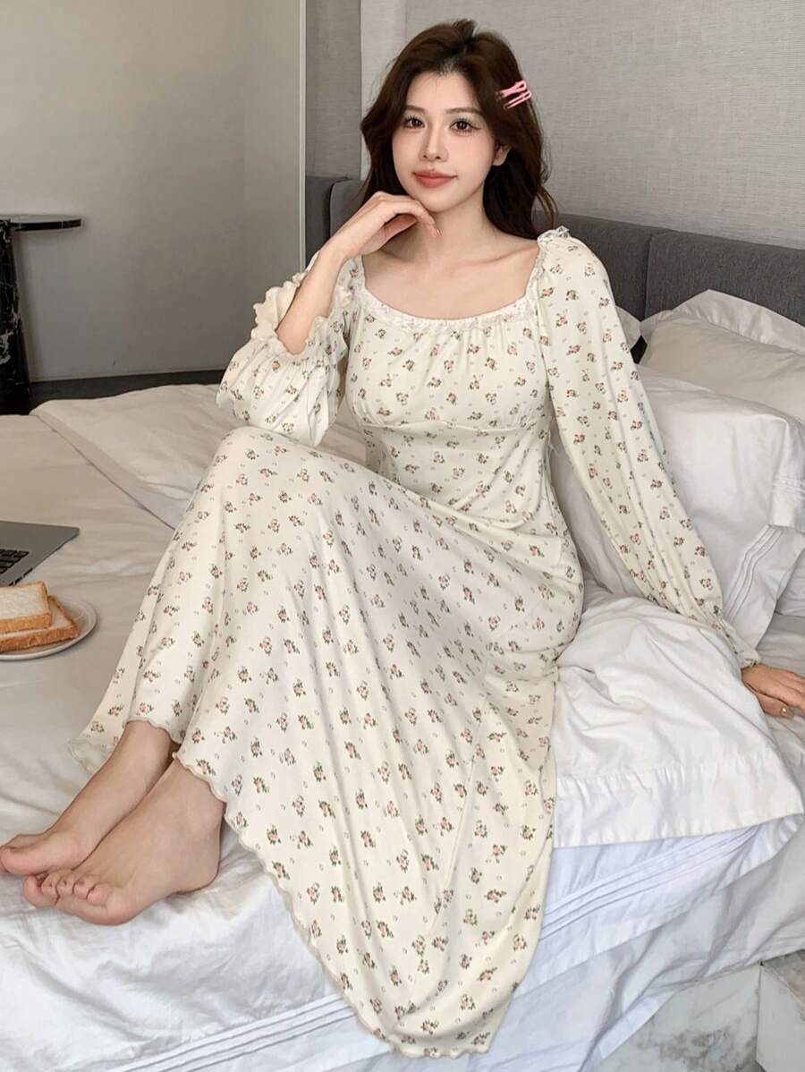 DAZY 女士长袖优雅迷人花卉印花U领荷叶边高腰睡袍睡衣