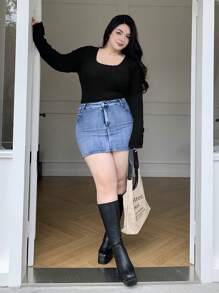 Dazy Plus Plus Size Solid Color Contrast Lace Square Neck Slim Fit Base Layer T-Shirt, Spring/Summer/Autumn Long Sleeve Women Tops,Fall Women Clothes - Black - View 4