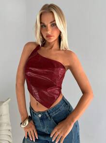 Aloruh Women Asymmetric Red PU Leather Backless Blouse - Red - View 2