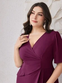 Modelyn 大码 V 领短袖褶皱渐变色连衣裙，休闲度假长款晚礼服 - 中紫紅色 - 查看 4