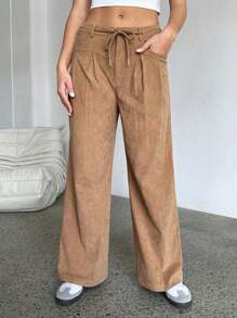 SHEIN EZwear Quần ống đứng nhung kẻ trơn màu đơn giản - Màu Khaki - Xem 1