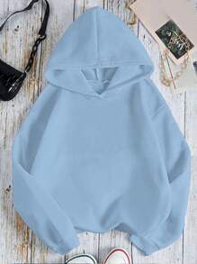 SHEIN Tween Girl Minimalist Printed Hooded Sweatshirt - Blue - View 2