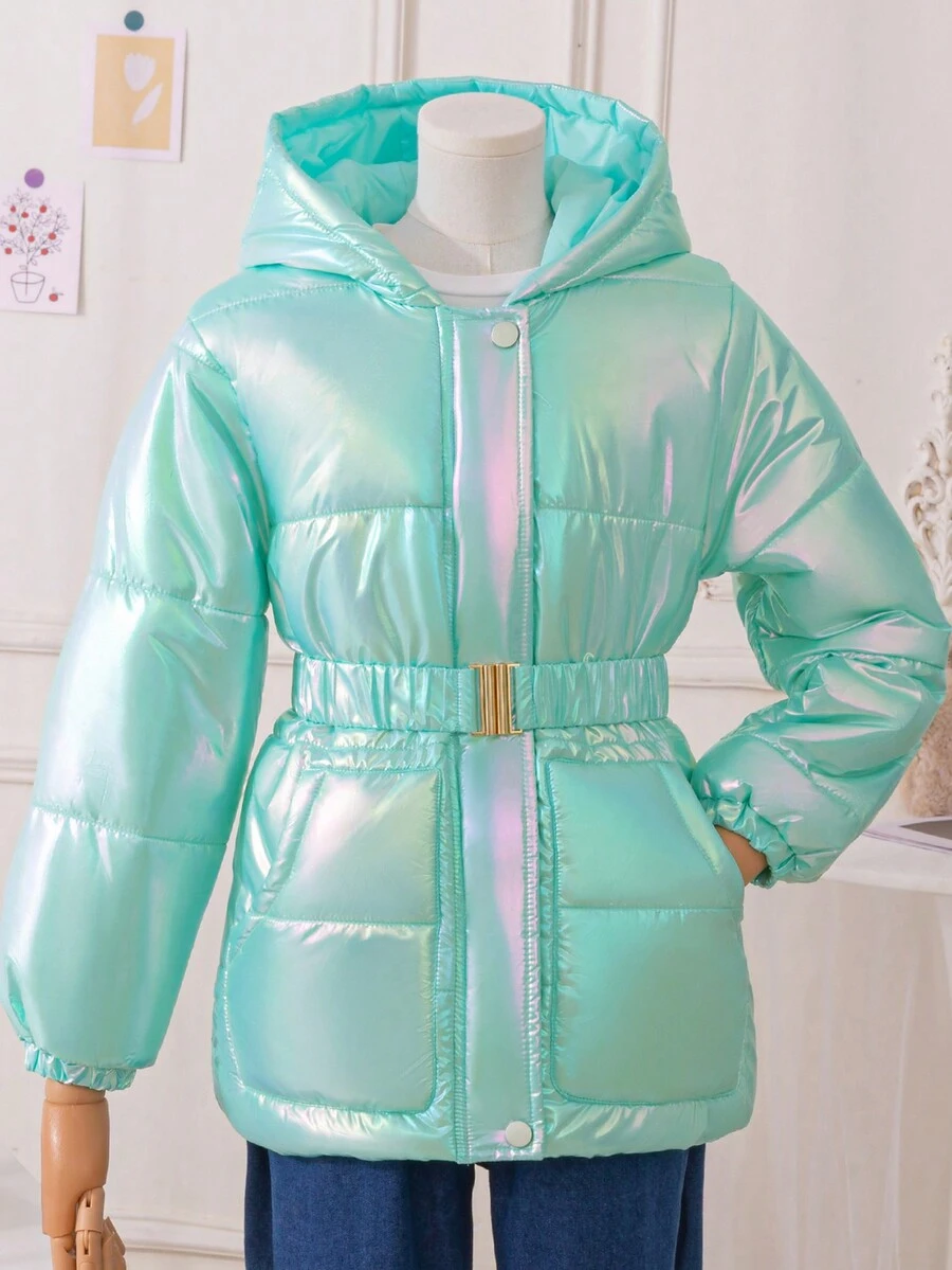Tween Girls' Simple Hooded Long Sleeve Padded Coat, Iridescent Fall Winter - Green - View 1