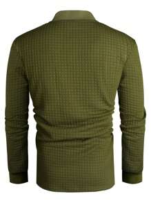 Manfinity Homme Men's Solid Color Zipper Closure Long Sleeve Polo Shirt - Army Green - View 2