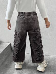 SHEIN Explorewe Young Girl Unique Embroidered Loose & Comfy Black Wide Leg Jeans, For Halloween Party - Black - View 2