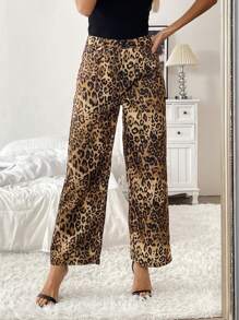 Chiquease Pantalon décontracté casual avec poches et imprimé léopard