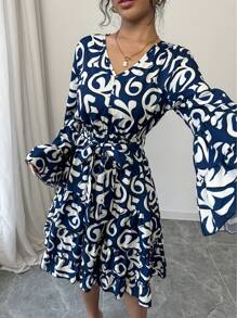 Chiquease V-Neck Geometric Print Flared Sleeve Women's Dress - Navy Blue - View 4