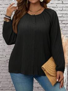 EMERY ROSE Koszula damska Plus Size z okrągłym dekoltem, guzikami z przodu i długim rękawem, prosta, swobodna