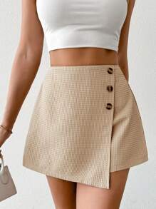 Chiquease Váy suông màu trơn viền bất đối xứng có nút trang trí, giản dị và thời trang - Màu Khaki - Xem 6