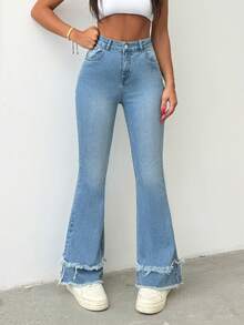 Cottnline Quần Jeans Ống Loe Lưng Cao Có Viền Rách 97% Cotton - Rửa nhẹ - Xem 7