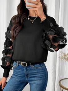 SHEIN Clasi Áo nỉ nữ kiểu dáng thường ngày, cổ tròn, phối lưới thêu họa tiết, thích hợp mặc mùa thu. - màu đen - Xem 4