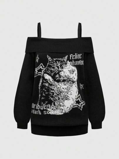 Grunge Punk Damen Jacquard-Strickpullover mit Katzen Muster und Schulterfrei Langarm