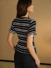 MOTF STUDIO STRIPED TEXTURED RUFFLE HEM T-SHIRT