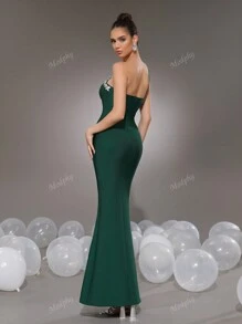 Modphy Vestido asimétrico sexy de cuello verde con brillos, vestido largo formal de mujer para noche, boda, fiesta y vestido de invitada de boda