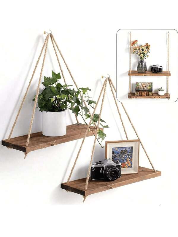 1pc/2pcs Minimalist Wall Hanging Rope Rack, Wooden Floating Shelf, Living Room Bedroom Wall Mount Display Rack, Farmhouse Style Wall Hanger, Suitable For Home Bathroom Hallway Storage Board, Birthday Graduation Gift