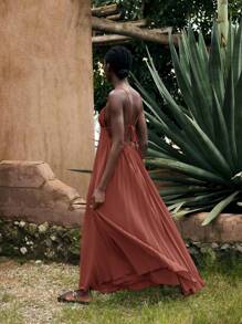 Maija Vestido Vermelho Tijolo Feminino, Roupa de Férias de Verão, Vestido de Praia Sólido Boêmio Moderno de Resort, Vestido Plissado Sem Mangas Minimalista
