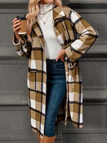 SHEIN LUNE 女士秋冬长款格子羊毛混纺大衣，翻领，大口袋，保暖