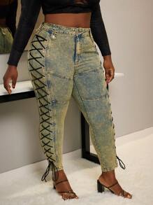 SHEIN SXY Plus Size Women's Distressed Tie Waist Denim Jeans - Dark Wash - View 6