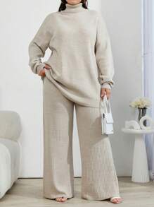 EURMUSE Plus Size Sweater 2pcs High Neck Drop Shoulder Sweater And Ribbed Solid Color Sweater Pants, For Winter - Beige - View 1