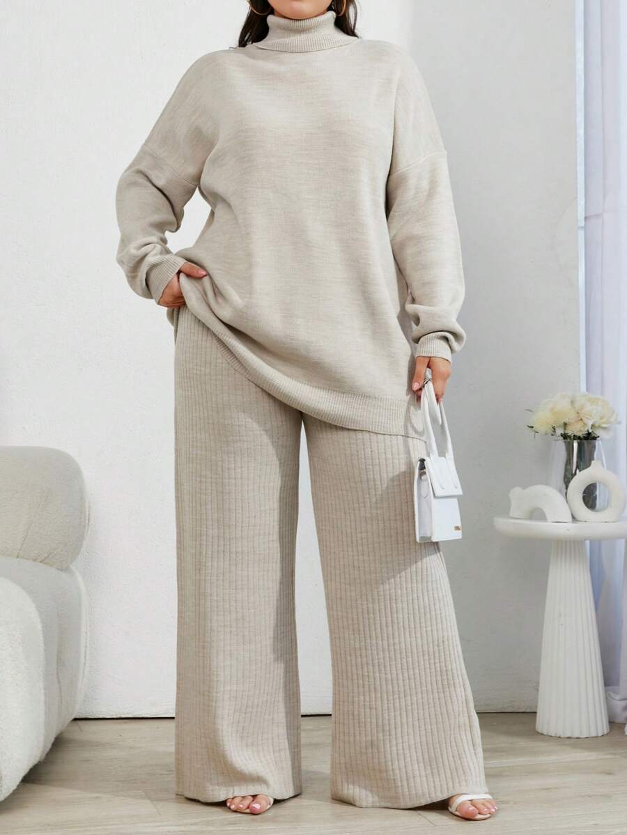 EURMUSE Plus Size Sweater 2pcs High Neck Drop Shoulder Sweater And Ribbed Solid Color Sweater Pants, For Winter - Beige - View 1