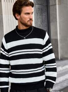 Manfinity Homme Jersey de cuello alto con estampado de rayas blanco y negro