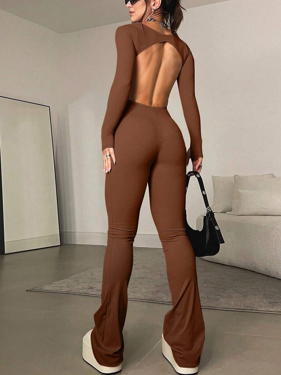 Mono ceñido de manga larga y espalda descubierta para mujer, ropa casual y sexy de otoño e invierno - Marrón - Ver 1