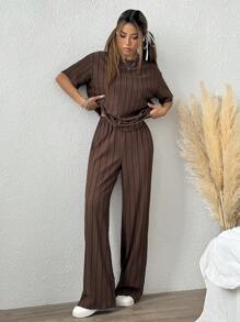 SHEIN EZwear 女士条纹宽松T恤和裤子套装 - 棕色 - 查看 5
