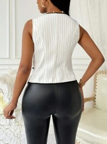 SHEIN Clasi Contrast Trim Front Button Sleeveless Minimalist Suit Vest - White - View 2
