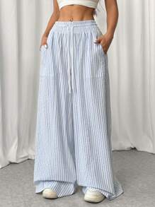 SHEIN EZwear 女士时尚抽绳腰宽松低腰条纹街头风格休闲裤 - 白色 - 查看 3