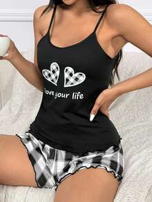 Gingham Heart Print Cami Top And Shorts Set - Multicolor - View 5