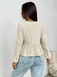 Flirla Blusa de manga larga con cuello redondo, dobladillo con volantes y lazo delantero, color liso