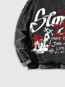 ROMWE MEN Street Life Men's Slogan Print Thermal Lined Drawstring Hoodie, Casual Suitable For Autumn/Winter - Black - View 4