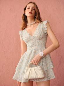 Enchnt 女式夏季小花印花露背無袖連體褲，收腰袖口露背中空設計 - 白色 - 查看 3