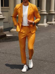 Manfinity AFTRDRK Men's Lapel Button Closure Long Sleeve Shirt And Straight Casual Pants Suit - Yellow - View 3